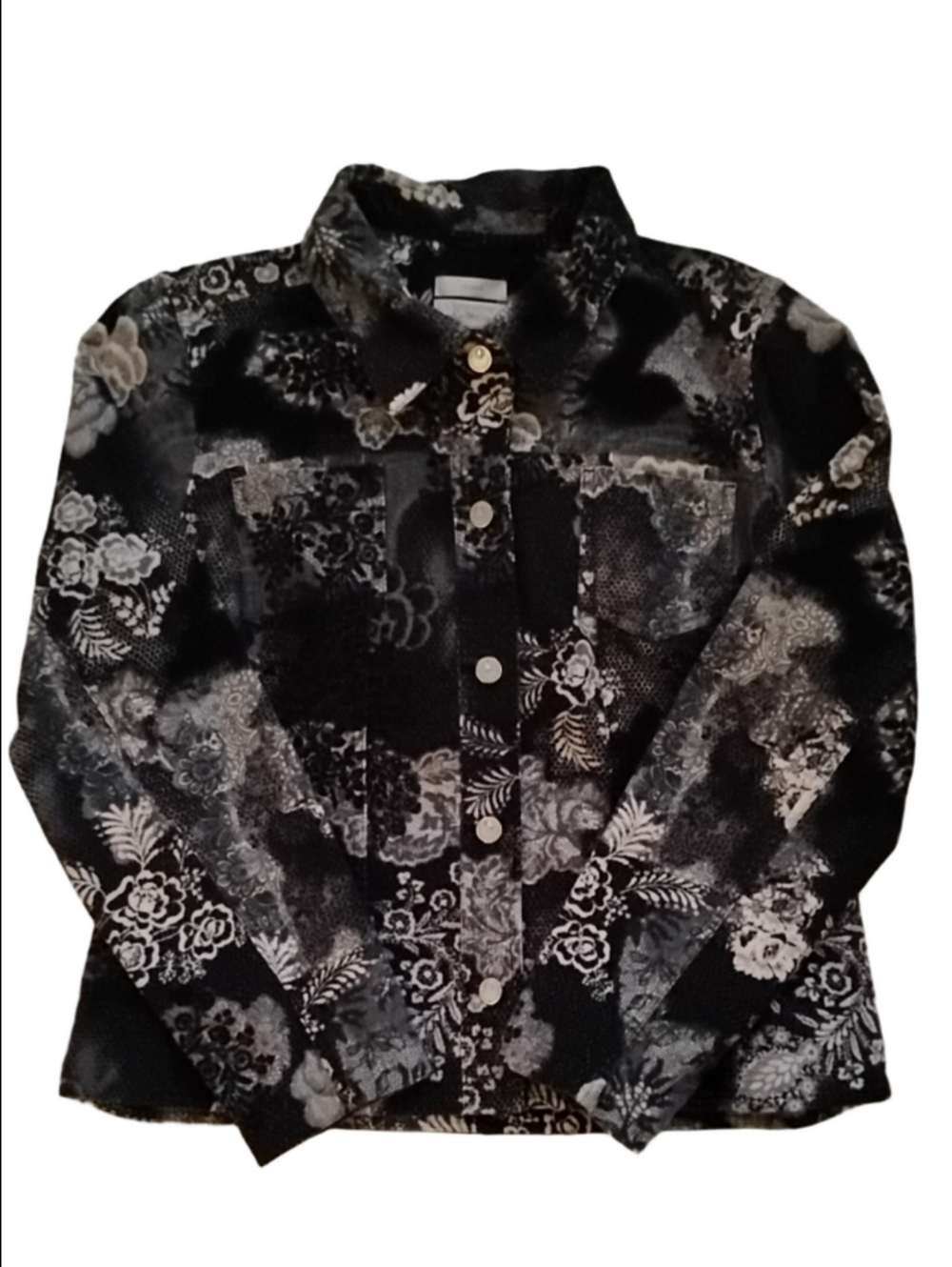 3/$20 Christopher & Banks Black and Gray Floral Patchwork Jean Jacket